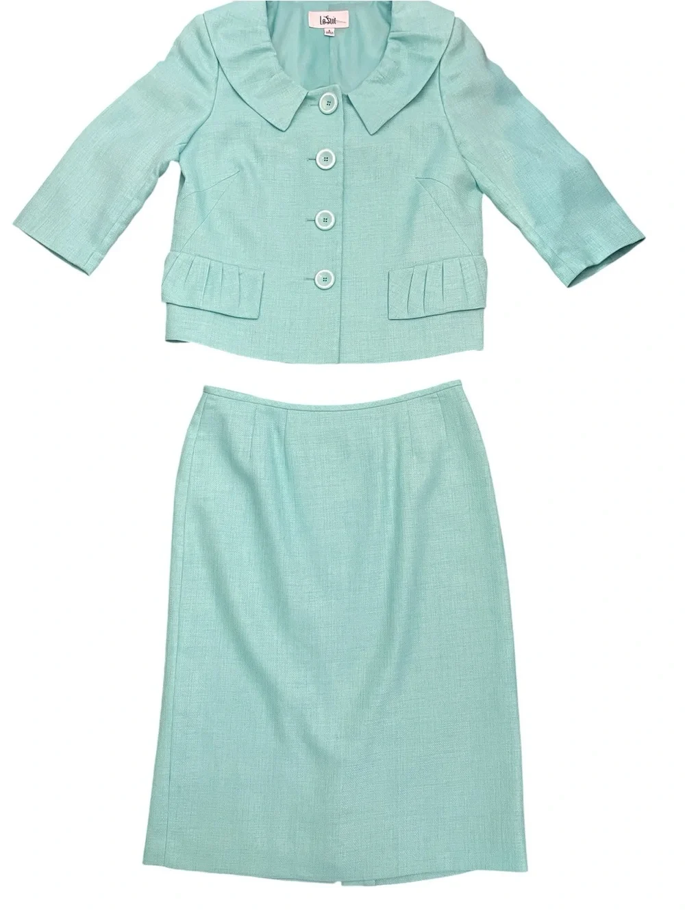 Le Suit 2Piece Skirt Set. Textured Slub Fabric, Riffled Peter Pan Collar Size 8